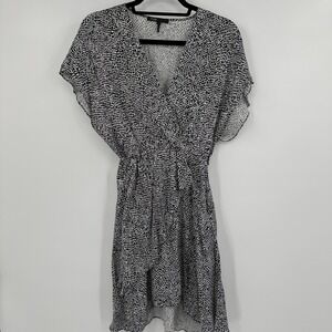 Maje Wrap Dress Womens 40 Black White Snakeskin Print V Neck Asymmetrical Hem‎